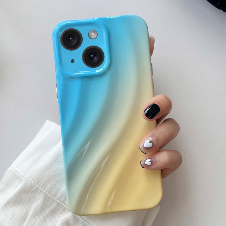

For iPhone 15 Wave Texture Gradient Color TPU Phone Case(Blue-Yellow)