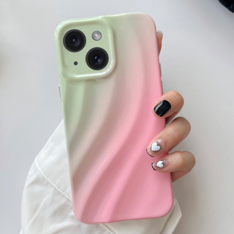 

For iPhone 15 Wave Texture Gradient Color TPU Phone Case(Green-Pink)