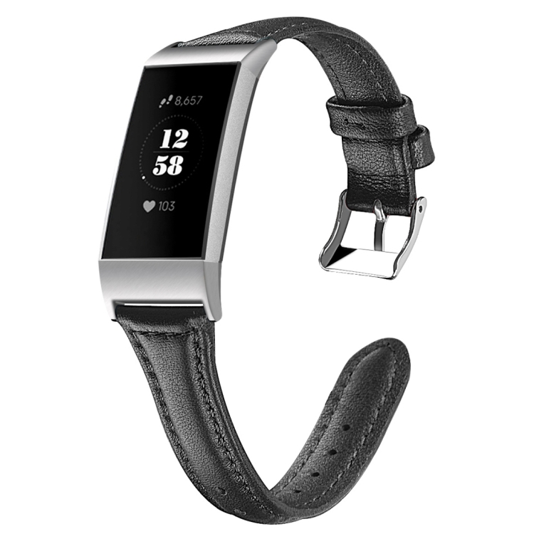 

For Fitbit Charge 3 / 4 Slim Steel Head Leather Watch Band(Black)