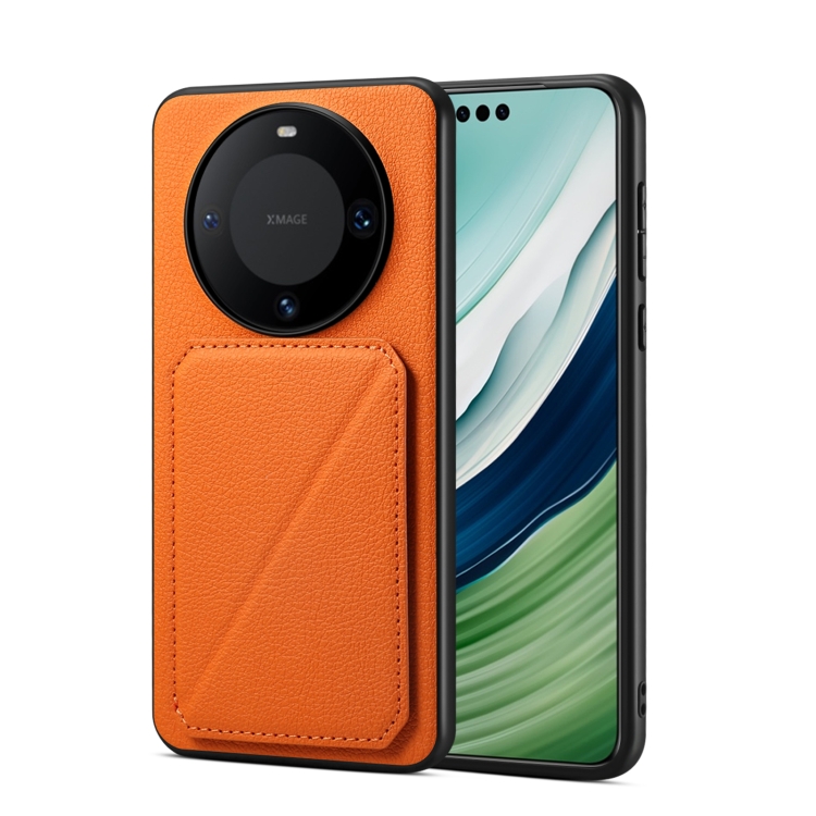 

For Huawei Mate 60 Denior Calf Texture Holder Electroplating Phone Case(Orange)