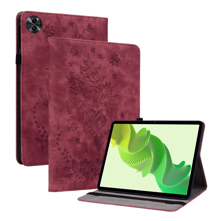 

For Realme Pad 2 Butterfly Rose Embossed Leather Tablet Case(Red)