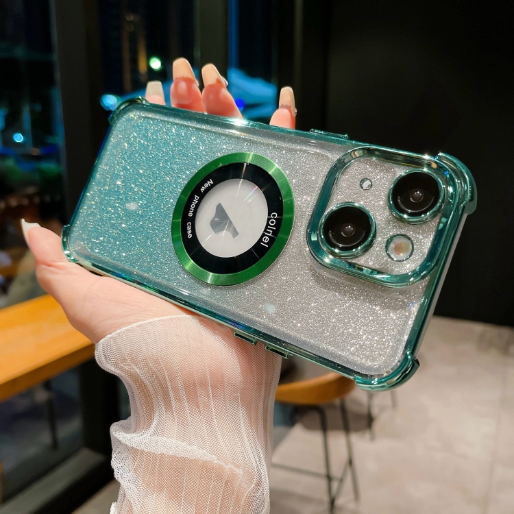 

For iPhone 14 6D Electroplating Gradient Glitter Armor Magsafe Phone Case(Green)