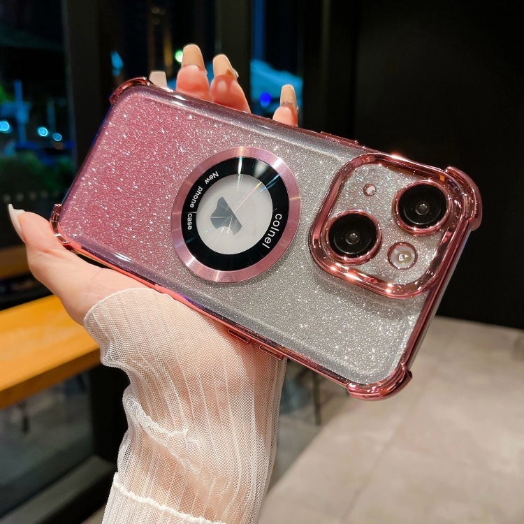 

For iPhone 14 6D Electroplating Gradient Glitter Armor Magsafe Phone Case(Pink)