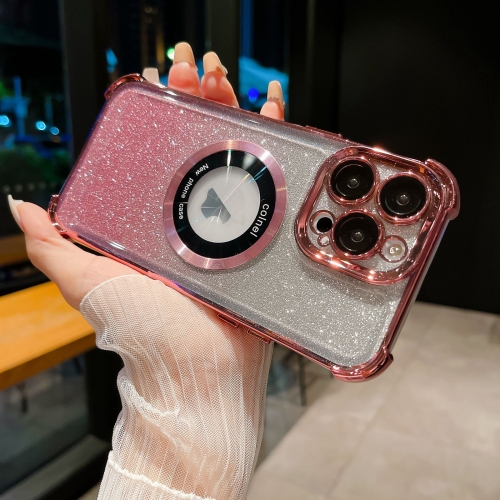 

For iPhone 14 Pro 6D Electroplating Gradient Glitter Armor Magsafe Phone Case(Pink)