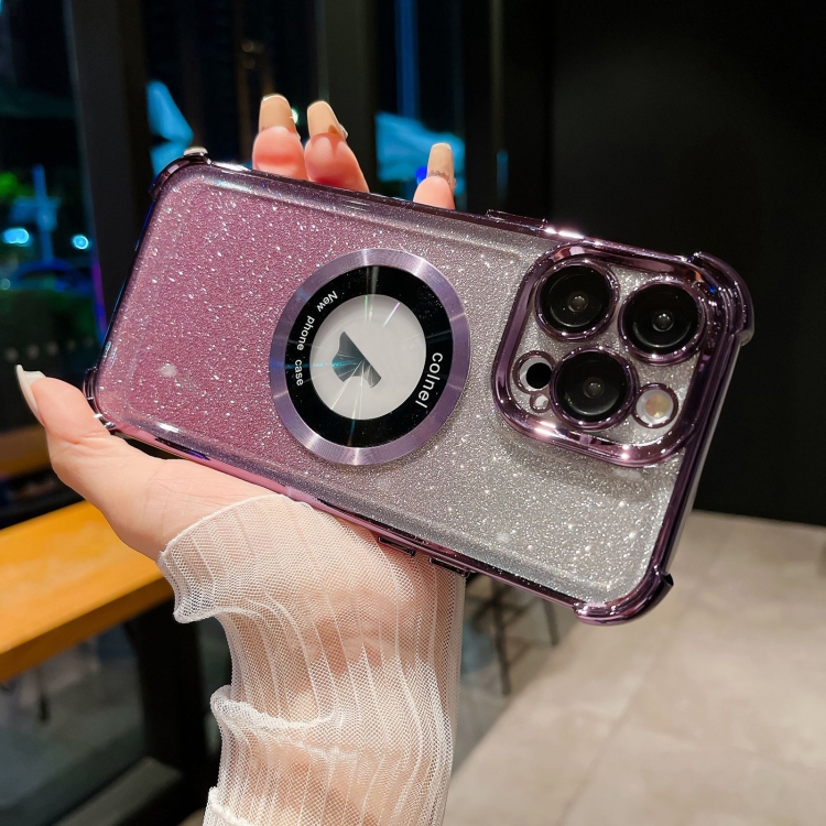 

For iPhone 12 Pro 6D Electroplating Gradient Glitter Armor Magsafe Phone Case(Purple)