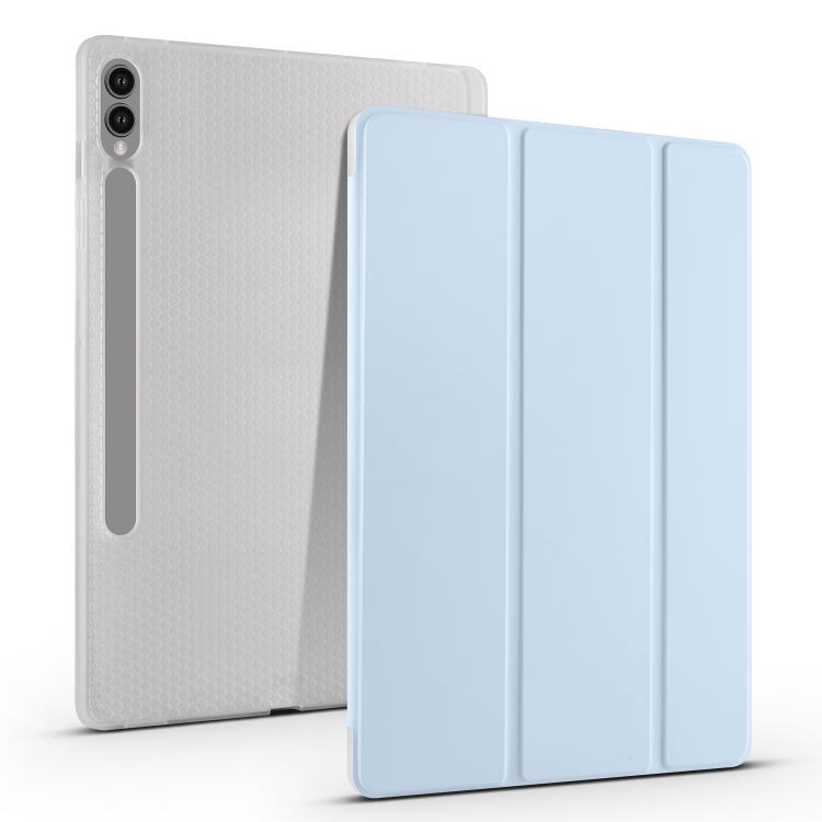 

For Samsung Galaxy Tab S10 FE / S9 3-folding Transparent TPU Smart Leather Tablet Case with Pen Slot(Ice Blue)