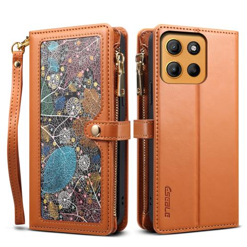 

For Motorola Moto G15 ESEBLE Star Series Lanyard Zipper Wallet RFID Leather Case(Brown)