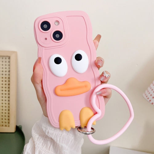 

For iPhone 15 Plus Wave Edge Big Duck Silicone Phone Case with Wristband(Pink)