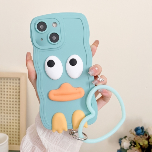

For iPhone 15 Plus Wave Edge Big Duck Silicone Phone Case with Wristband(Blue)