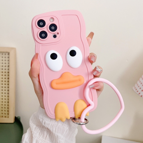 

For iPhone 15 Pro Wave Edge Big Duck Silicone Phone Case with Wristband(Pink)