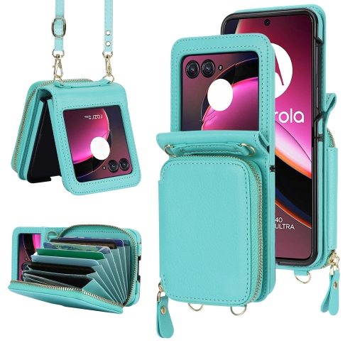 

For Motorola Razr 40 Ultra Long and Short Lanyard Zipper Card Slot Foldable Phone Case(Mint Green)