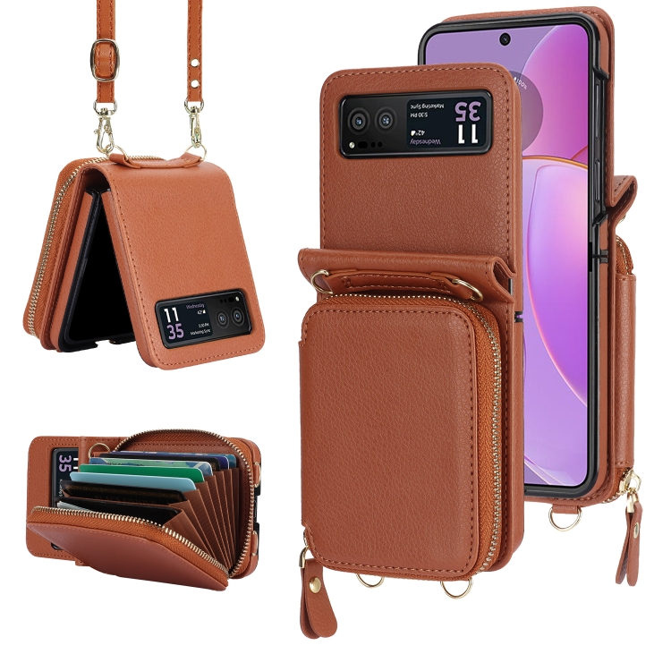 

For Motorola Razr 40 Long and Short Lanyard Zipper Card Slot Foldable Phone Case(Brown)