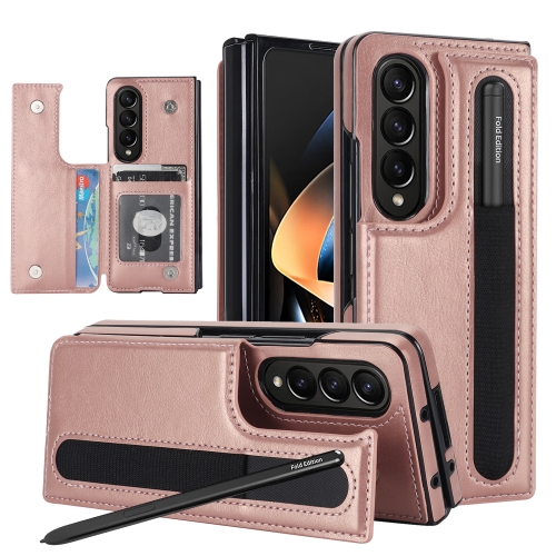 

For Samsung Galaxy Z Fold4 Double Buckle Card Slot Foldable Phone Case with Pen Slot(Rose Gold)