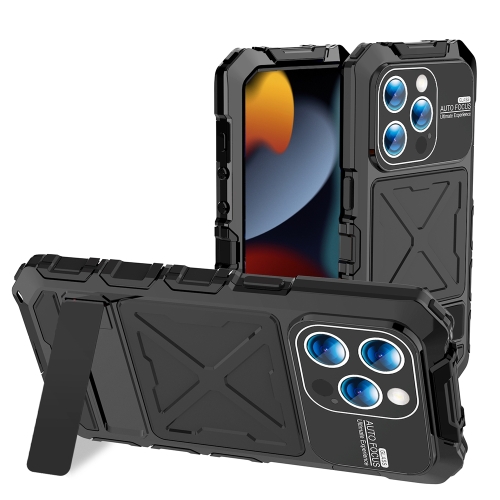 For iPhone 15 Pro Max R-JUST Metal + Silicone + Tempered Glass Life Waterproof Phone Case with Holder(Black) корпус powercase mistral x4 mesh tempered glass cmixb f4 black