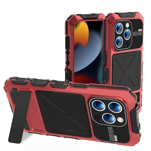 

For iPhone 15 Pro Max R-JUST Metal + Silicone + Tempered Glass Life Waterproof Phone Case with Holder(Red)