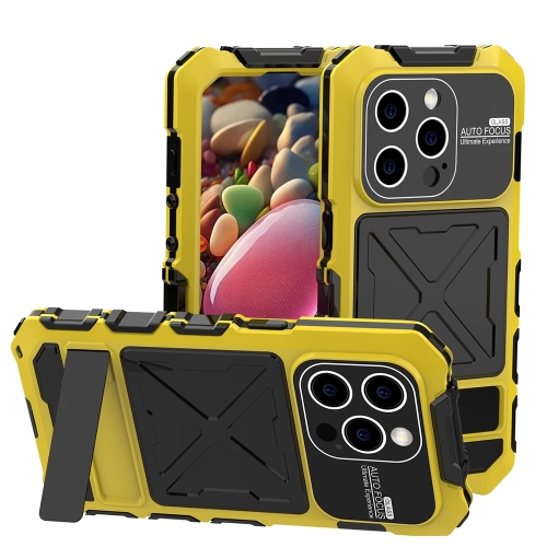 For iPhone 15 Pro R-JUST Metal + Silicone + Tempered Glass Life Waterproof Phone Case with Holder(Yellow) puluz 40m 131ft waterproof phone case diving case