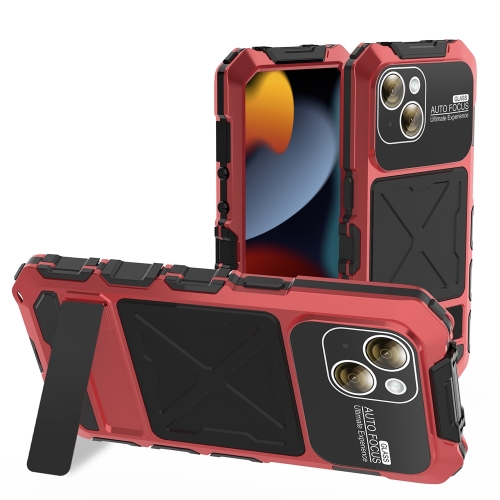 

For iPhone 15 Plus R-JUST Metal + Silicone + Tempered Glass Life Waterproof Phone Case with Holder(Red)