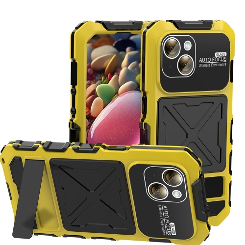 For iPhone 15 Plus R-JUST Metal + Silicone + Tempered Glass Life Waterproof Phone Case with Holder(Yellow) sea frogs waterproof camera housing diving case protective shell