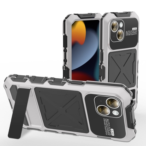 For iPhone 15 Plus R-JUST Metal + Silicone + Tempered Glass Life Waterproof Phone Case with Holder(Silver) 12 18 24 colors mark pen permanent waterproof marker cd metal wood painting art graffiti artist drawing stationery writing tool