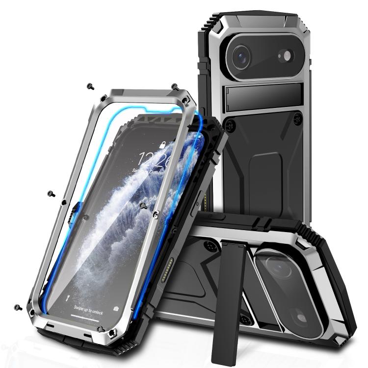 

For iPhone Air R-JUST Metal + Silicone + Tempered Glass Life Waterproof Phone Case with Holder(Silver)