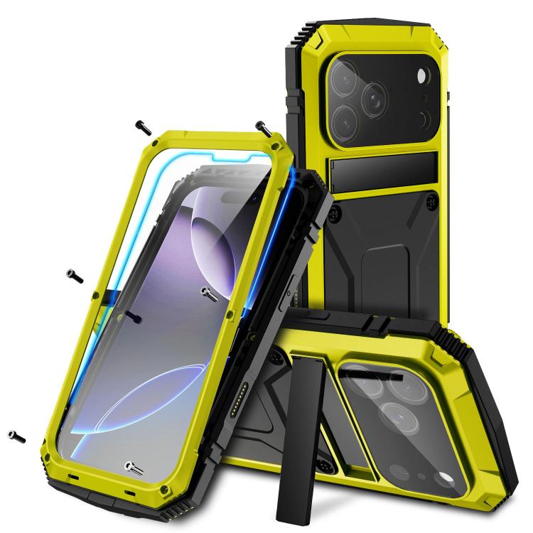For iPhone 18 Pro Max R-JUST Metal + Silicone + Tempered Glass Life Waterproof Phone Case with Holder(Yellow)