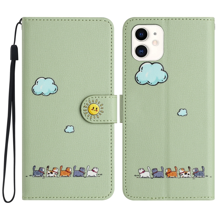 

For iPhone 11 Cartoon Cats Leather Phone Case(Green)