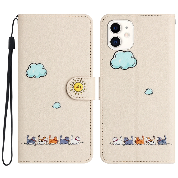 

For iPhone 11 Cartoon Cats Leather Phone Case(Beige White)
