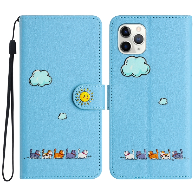 

For iPhone 11 Pro Cartoon Cats Leather Phone Case(Blue)