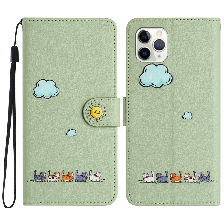 

For iPhone 11 Pro Cartoon Cats Leather Phone Case(Green)