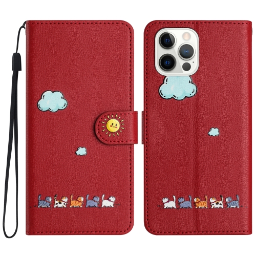 

For iPhone 12 Pro Max Cartoon Cats Leather Phone Case(Red)