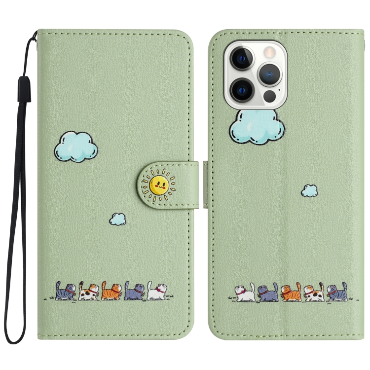 

For iPhone 12 Pro Max Cartoon Cats Leather Phone Case(Green)