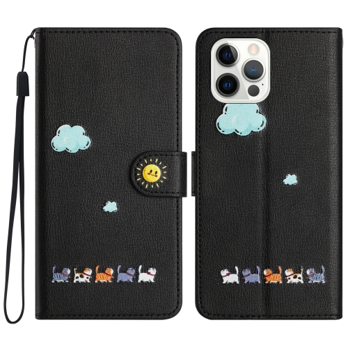 

For iPhone 12 Pro Max Cartoon Cats Leather Phone Case(Black)