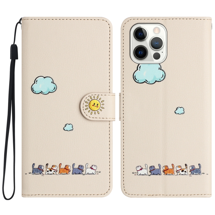 

For iPhone 12 Pro Max Cartoon Cats Leather Phone Case(Beige White)