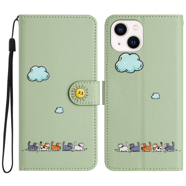 

For iPhone 13 mini Cartoon Cats Leather Phone Case(Green)
