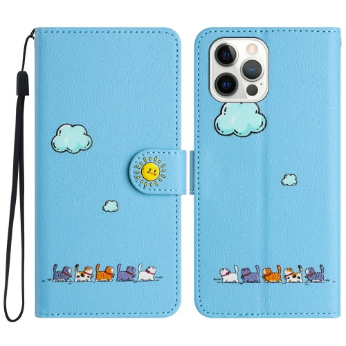 

For iPhone 13 Pro Cartoon Cats Leather Phone Case(Blue)