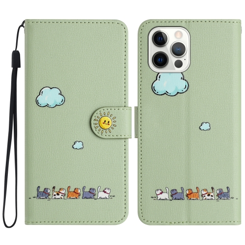 

For iPhone 13 Pro Max Cartoon Cats Leather Phone Case(Green)