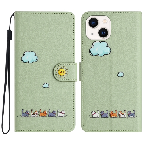 

For iPhone 14 / 13 Cartoon Cats Leather Phone Case(Green)