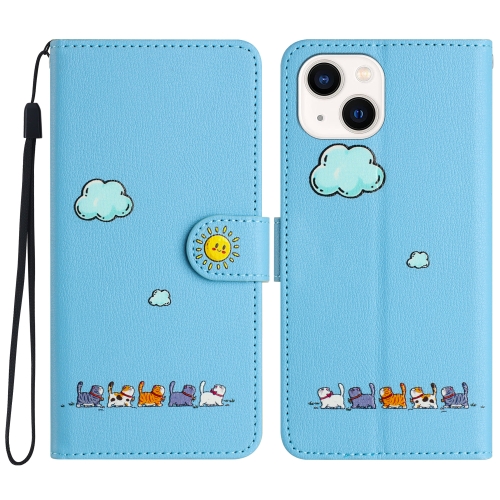 

For iPhone 14 Plus Cartoon Cats Leather Phone Case(Blue)