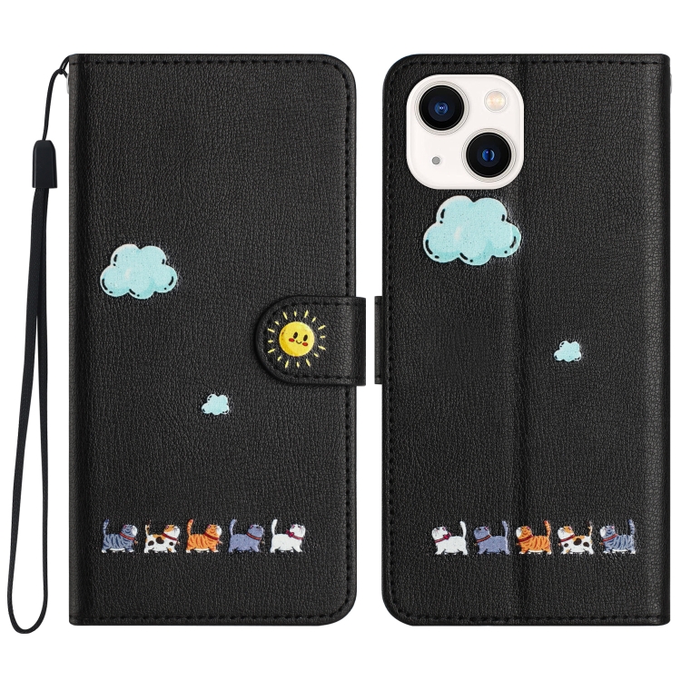 

For iPhone 14 Plus Cartoon Cats Leather Phone Case(Black)