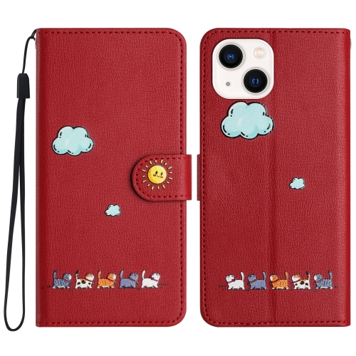 

For iPhone 15 Cartoon Cats Leather Phone Case(Red)