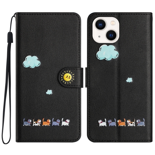 

For iPhone 15 Cartoon Cats Leather Phone Case(Black)