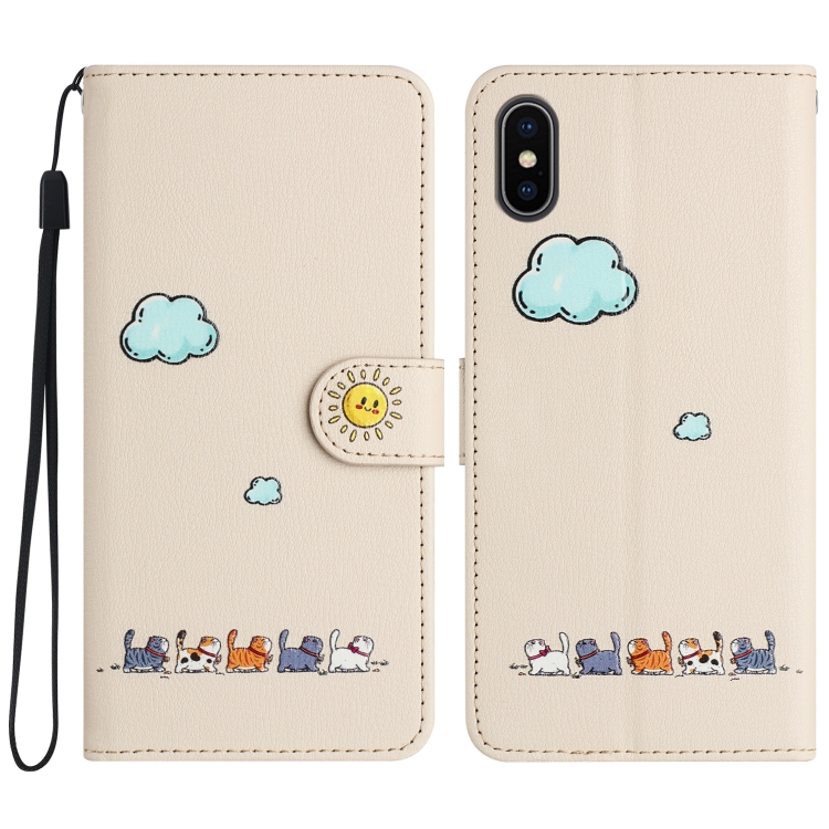 

For iPhone XS / X Cartoon Cats Leather Phone Case(Beige White)