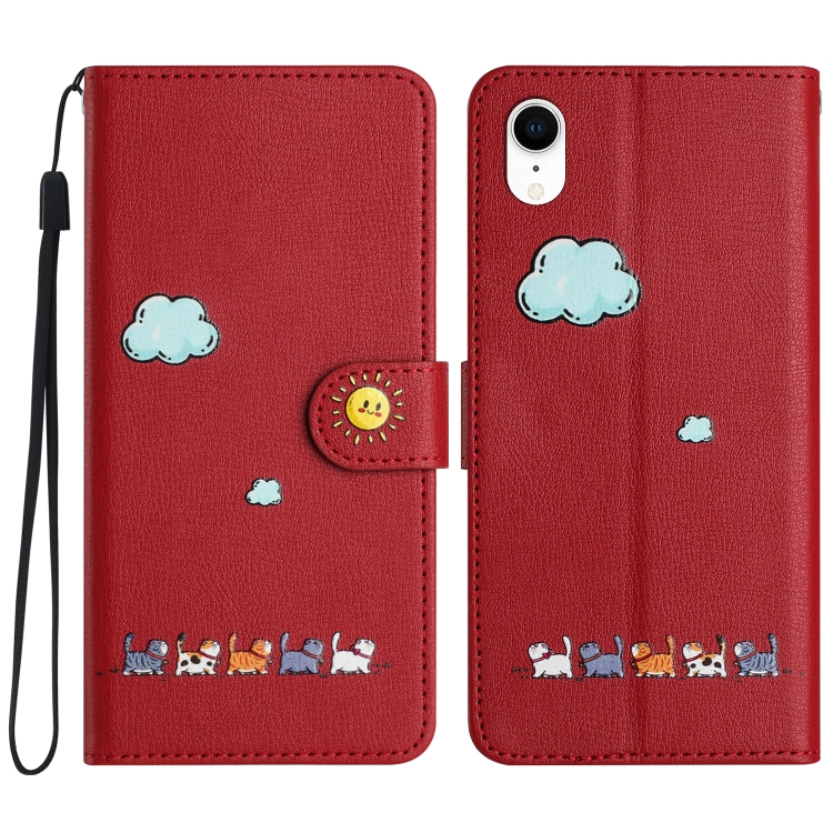 

For iPhone XR Cartoon Cats Leather Phone Case(Red)