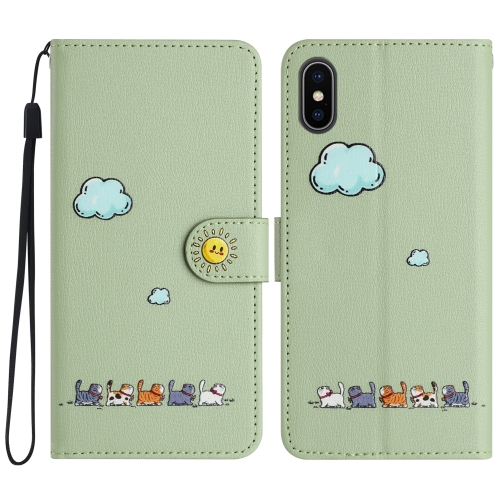 

For iPhone XS Max Cartoon Cats Leather Phone Case(Green)