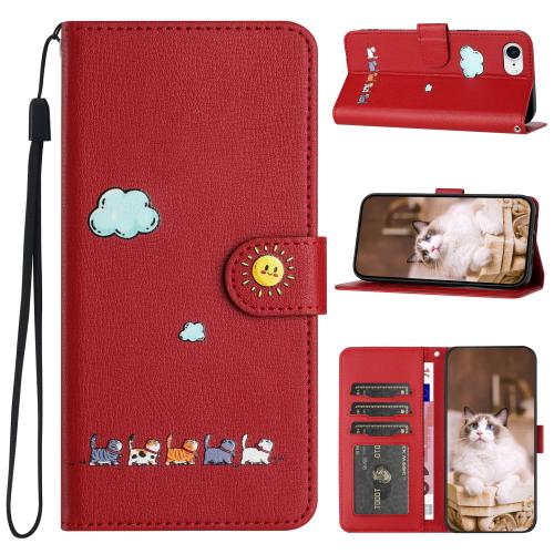 

For iPhone 16e Cartoon Cats Leather Phone Case(Red)