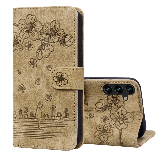 

For Samsung Galaxy A15 Cartoon Sakura Cat Embossed Leather Phone Case(Brown)
