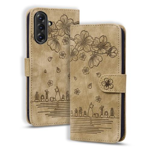 

For Samsung Galaxy A56 / A36 Cartoon Sakura Cat Embossed Leather Phone Case(Brown)