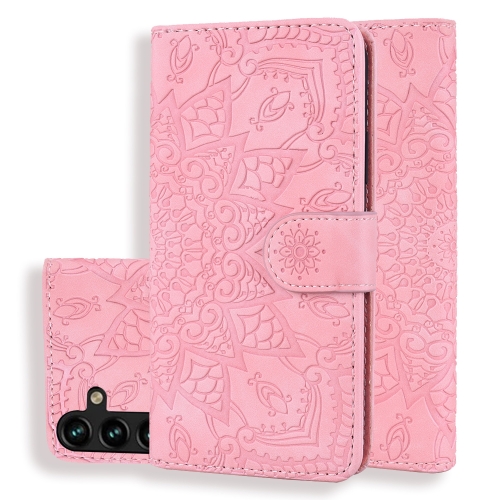 

For Samsung Galaxy A15 Mandala Embossed Dual-Fold Calf Leather Phone Case(Pink)