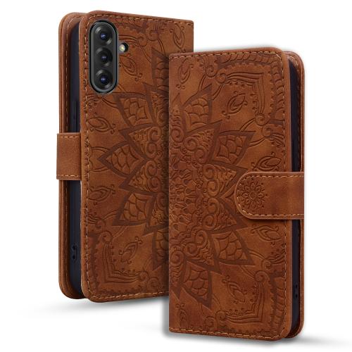 

For Samsung Galaxy A36 / A56 Mandala Embossed Dual-Fold Calf Leather Phone Case(Brown)