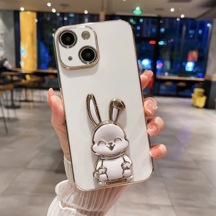 

For iPhone 15 Plating Rabbit Holder Phone Case(White)